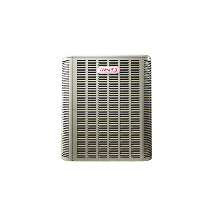 An outdoor air conditioning unit with vertical metal slats and a Lennox logo on the front. The unit has a beige-gray color and is placed against a white background.