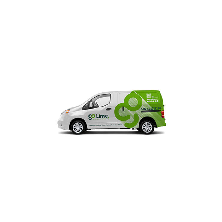 A white cargo van is shown in a side view. It is branded with a green and white design, featuring the company name "Lime" and a phone number on the side. The van also displays a large green design element on the rear section.